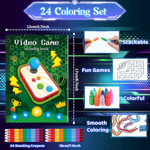 BenLouis 24 Video Game Mini Coloring Books Kids with 24 Stacking Crayons Gaming Party Favors Activity Books Bulk for Kids Boys Neon Game Level Up Goodie Bag Gift Stuffer Classroom Reward - style: Video Game