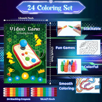 BenLouis 24 Video Game Mini Coloring Books Kids with 24 Stacking Crayons Gaming Party Favors Activity Books Bulk for Kids Boys Neon Game Level Up Goodie Bag Gift Stuffer Classroom Reward - style: Video Game
