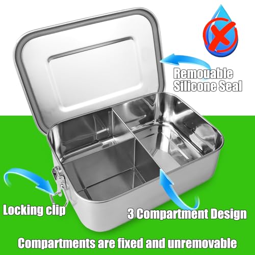 UPTRUST Leak Proof Stainless Steel Bento Container for Lunch, 40oz Bento Lunch Box for Kids or Adults, 3 Compartment Packing Box for Meal Fruit Snack (40OZ/1200ML) - size: 1200 ML - 3-Compartment