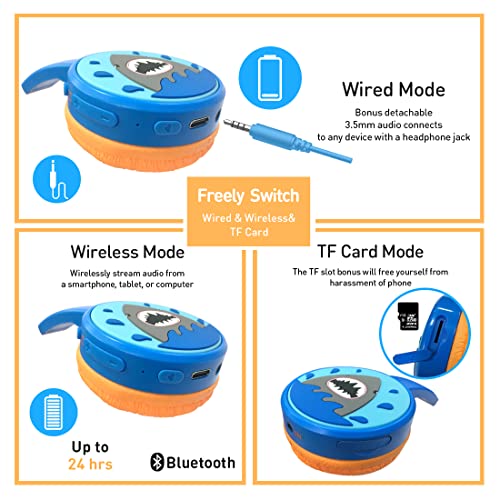Kids Bluetooth Headphones Toddler Wireless/Wired Headphone with MIC Bluetooth 5.3 Stereo Sound Sharing Function Adjustable 85dB Safe Volume Limited SD Card Slot Kid Headset for Home School - style: Shark