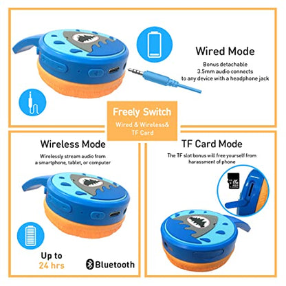 Kids Bluetooth Headphones Toddler Wireless/Wired Headphone with MIC Bluetooth 5.3 Stereo Sound Sharing Function Adjustable 85dB Safe Volume Limited SD Card Slot Kid Headset for Home School - style: Shark