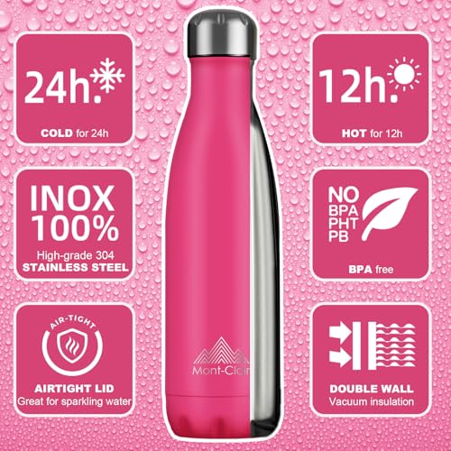 Mont-Clair Stainless Steel Water Bottle, Vacuum insulated - BPA Free, 12h Hot & 24h Cold Drinks, Metal Water Bottle 17 oz Leakproof, Ideal for Adult, Kids, Running - Berry Pink - color: Berry Pink, style: 17 Ounces