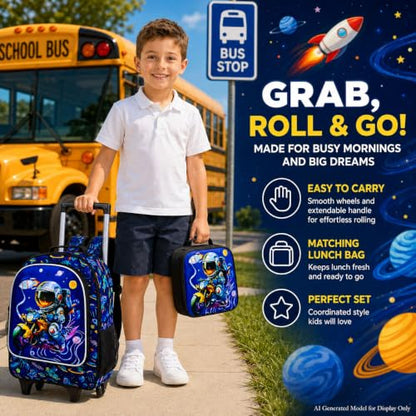 HPJGD 3PCS Astronaut Rolling Backpack for Boys, Kids School Backpacks with Wheels, Water Resistant UV Printed Roller Wheeled Bookbag Set - color: Boys Motorbike Astronauts Rolling Backpack Blue