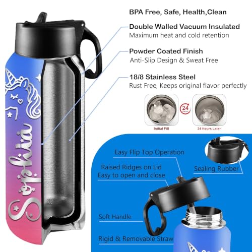 D-Story Personalized Kids Water Bottle with Straw Lid—Custom Name & Icon to Prevent Loss, 18 oz Leak-Proof Stainless Steel Insulated Bottle, Back-to-School Birthday Gift for Boys and Girls - color: Name &Icon