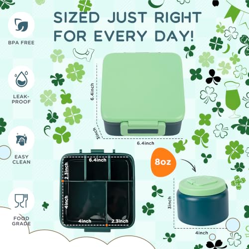 Bento Lunch Box for Kids with 8oz Thermo Containers for School,Camping | Vacuum Insulated Food Jar,Leakproof Silicone-Seal,5 Compartments with Dividers,Dishwasher & Refrigerator Safe,BPA-Free - color: Green