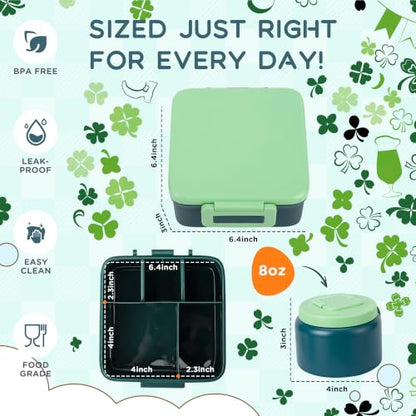 Bento Lunch Box for Kids with 8oz Thermo Containers for School,Camping | Vacuum Insulated Food Jar,Leakproof Silicone-Seal,5 Compartments with Dividers,Dishwasher & Refrigerator Safe,BPA-Free - color: Green