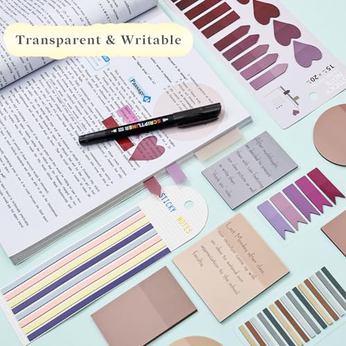Temiary 1160 Sheets Transparent Sticky Notes with Pen for Bible Study | Sticky Note with Index Tabs Set for Annotating Journaling, Bible Study Book Annotation - color: Pink & Purple