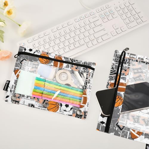 ZAZYXTJ Basketball Football Ball Binder Pencil Pouchs 3 Ring | with Zipper Clear Window Office Organizers bag for School Students Teacher Supplies 2 Pack - color: Ball