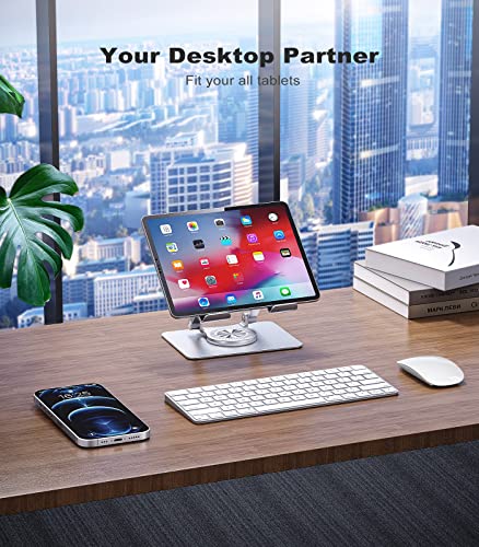 Adjustable Tablet Stand with 360° Swivel Base, Aluminum Holder for 5.8–12.9" Tablets & Switch, Silver