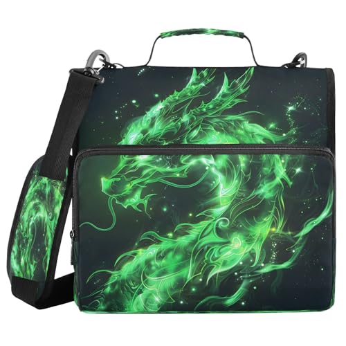 3 Ring Zipper Binder Green Glowing Dragon Binders Bag with Shoulder Strap 500 Sheets Paper Organizer Trapper Keeper Documents Storage File Folder for School Office - color: A3019