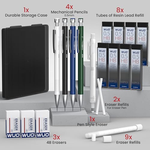 WUO 0.5mm Mechanical Pencil Set with Case, 4PCS Metal Mechanical Pencils with Eraser Pen, 480 HB Lead Refills, 3 Erasers, 11 Eraser Refills, Artist Drafting Pencils for Writing, Drawing, Sketching