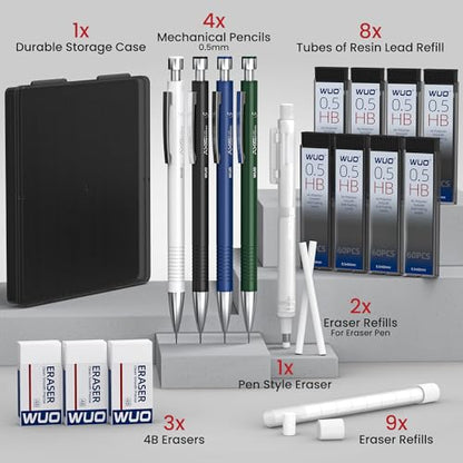 WUO 0.5mm Mechanical Pencil Set with Case, 4PCS Metal Mechanical Pencils with Eraser Pen, 480 HB Lead Refills, 3 Erasers, 11 Eraser Refills, Artist Drafting Pencils for Writing, Drawing, Sketching