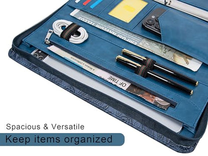 Dark Blue Embossed Portfolio,Business Zipper Binder with Handle,3 Ring Binder with Zipper 1 inch,PU Leather Portfolio,A4 Planner Folder with Laptop Pocket, Professional Organizer for Resume/Interview