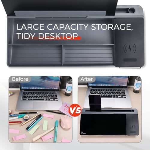 TOWON Glass Desk Whiteboard 16x7 in, Wireless Charger and Storage, Black | Desktop whiteboard with charging pad and phone stand. Tempered glass dry erase. Marker and eraser included. - color: Charger Black