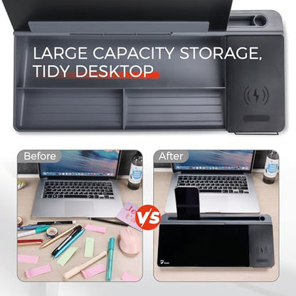 TOWON Glass Desk Whiteboard 16x7 in, Wireless Charger and Storage, Black | Desktop whiteboard with charging pad and phone stand. Tempered glass dry erase. Marker and eraser included. - color: Charger Black