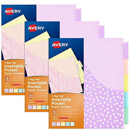 Avery Dividers for 3 Ring Binders, 5 Tab Plastic Binder Dividers, Pockets, Insertable Big Tabs, Pastel Classic Designs, Extend Beyond Sheet Protectors, 3 Sets (11255) - size: 5 tab, style: 3 Sets