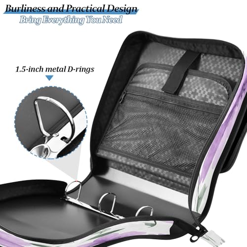 Kigai Purple Flowers 3 Ring Zipper Binder with Handle & Shoulder Strap Trapper Keeper Expanding File Multiple Pockets Binder Organizer