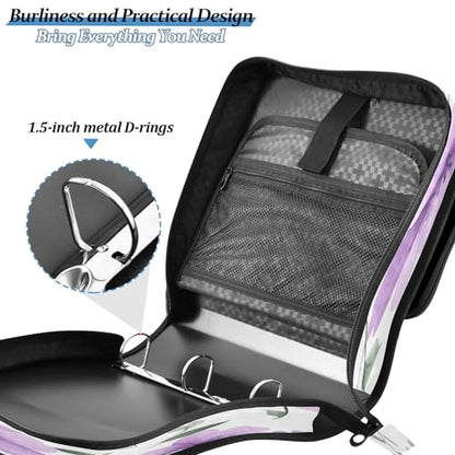 Kigai Purple Flowers 3 Ring Zipper Binder with Handle & Shoulder Strap Trapper Keeper Expanding File Multiple Pockets Binder Organizer