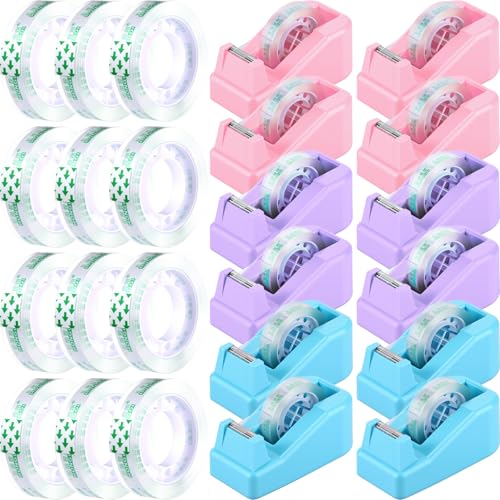 AmazingSpark 12 Pack Desktop Tape Dispenser Bulk with 12 Rolls of Transparent Tape, Office Desk Accessories Weighted Non Skid Base for Operation Christmas Bulk Items School Office(Pink,Purple,Blue)