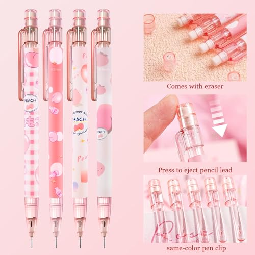 Cute Pink Coquette Peach Mechanical Pencil Set Include 8Pcs Kawaii Mechanical Pencils,2 Tubes Mechanical Pencil Lead Refills,2Pcs Erasers,for Office School Supplies - style: pink peach
