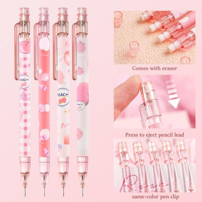 Cute Pink Coquette Peach Mechanical Pencil Set Include 8Pcs Kawaii Mechanical Pencils,2 Tubes Mechanical Pencil Lead Refills,2Pcs Erasers,for Office School Supplies - style: pink peach