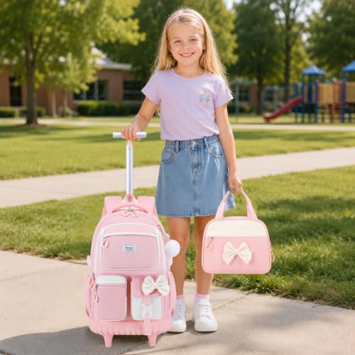 Bevalsa Rolling Backpack for Girls, Roller Backpack with Wheels, Cute Bow Wheeled School Bookbag Set with Lunch Bag & Pen Case, Suitcases for Kids Teens Elementary Middle Student (Pink Beige) - color: Pink Beige