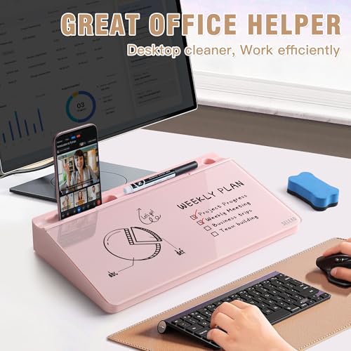 SELEAD Desktop Glass Whiteboard with Storage, Small Dry Erase White Board Computer Pad Keyboard Stand for Home, School, Office Desk Accessories - Pink - color: Pink