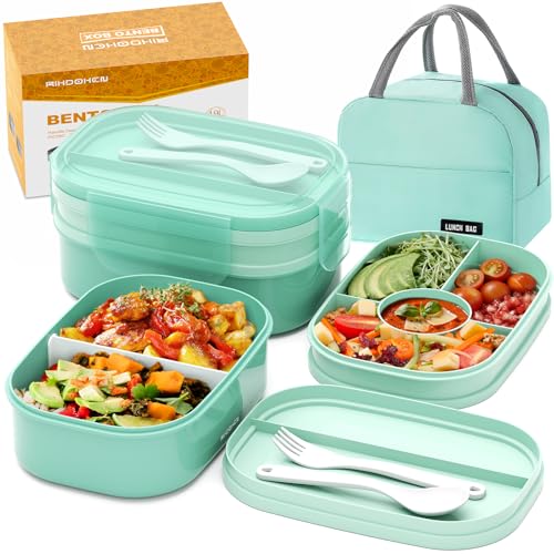 RIKDOKEN Bento Lunch Box, Stackable 2 Layers Containers with Compartments, Portable 64OZ Large Capacity Leakproof Bento Box with Spoon & Fork & Lunch Bag, Microwave Safe Lunch Box for Kids and Adults - color: Green