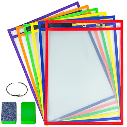 MILEKE Dry Erase Pockets, Clear Plastic Dry Erase Sleeves, A4 Dry Erase Sheets for Teaching & Drawing, Heavy Duty Paper Protector Sheet & Card Pouch & Ticket Holder, 6 Assorted Colors/Pack - size: 6pcs+Eraser+Ring