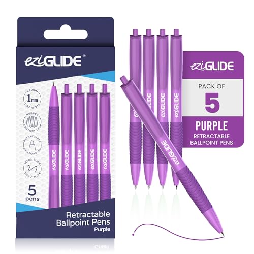 Retractable Ballpoint Pens, Pack of 5 Pens Ink, Smooth Writing Ballpoint Pens for Writing, Note-Taking & Everyday Use, Great for Office, School & Home (Purple) - color: Purple