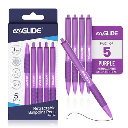 Retractable Ballpoint Pens, Pack of 5 Pens Ink, Smooth Writing Ballpoint Pens for Writing, Note-Taking & Everyday Use, Great for Office, School & Home (Purple) - color: Purple