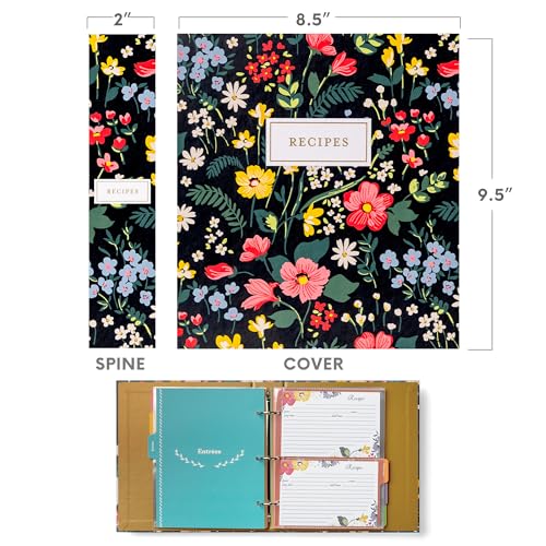 Jot & Mark 8.5"" x 9.5"" 3 Ring Recipe Binder with 50 Matching 4x6 inch | 50 Recipe Cards + 25 Sleeve Protectors + 5 Full-Page Sleeves + 6 Divider Tabs | 8.5x9.5 3-Ring - color: Midnight Bloom, size: 8.5" x 9.5"