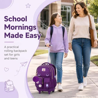 CCJPX 3PCS Rolling Backpack for Girls, Women Roller Bookbag with Lunch Box for Adults, Water Resistant Wheeled School Bag for Teens Kids Travel - Dark Purple - color: Dark Purple
