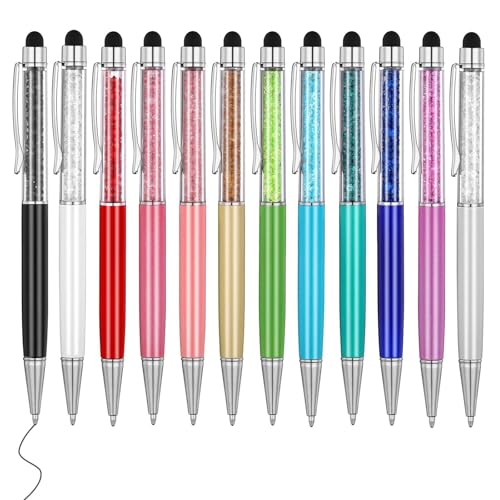 MengRan Cute Pens with Stylus Tip, 2 in 1 Black Ink Ballpoint Pens and Slim Crystal Stylus Pens for Touch Screens(12 colors) | Medium Tip, 2 in 1 Twist Ballpoint Pens & Crystal Stylus Pens for Touch Screens - color: 12 colors