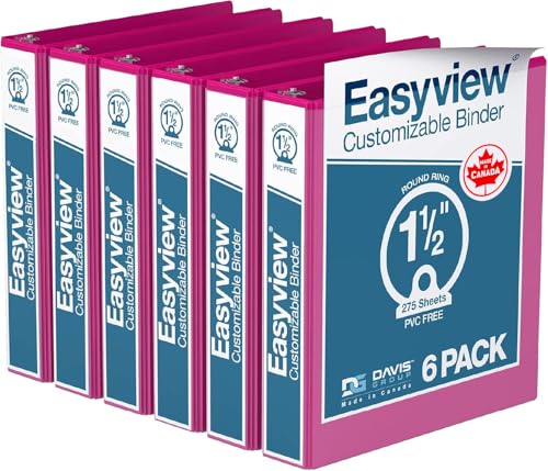 Easyview Premium 3-Ring Binders with Clear-View Covers and Round Rings, Binders for School or Office, 1.5 Inch, Pack of 6, Pink - color: Pink, size: 1.5 Inch, style: Pack of 6