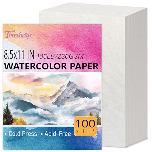 Threvortax 100 PCS Watercolor Paper 8.5x11 Inch 105LB/230GSM Cold Press Water Color Paper for Students and Beginners, Acid-Free Heavyweight Art Sheets for Painting, Printing, Scanning & Crafting - color: 100 Sheets, size: 8.5x11 Inches