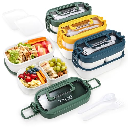 Covzoe 3 Pack Stackable Bento Box, Leakproof Adults Lunch Box with Spoon Fork, Portable 3 Compartments Food Storage Snack Containers with Handle for Dinner out Work Picnic, Microwave Safe