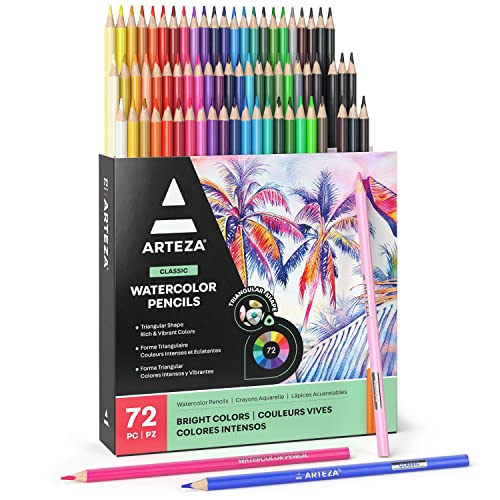 Arteza Watercolor Colored Pencils For Adult Coloring, 72 Colored Pencils in Assorted Shades, Triangular Shape, Drawing Pencils for Coloring Books and Canvas, Watercolor Brush Included, Art Supplies - style: Watercolor