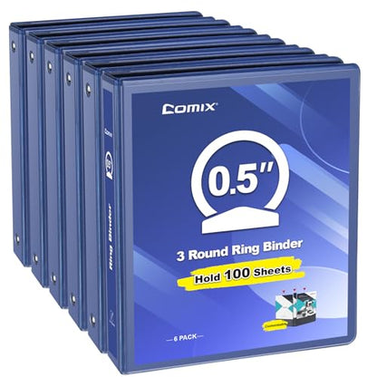 COMIX 3 Ring Binder 1/2 inch with Clear View Cover, 0.5" View Binder Holds 100 Sheets of US Letter Size Paper, 6 Pack (Dark Blue) - color: Blue, size: 0.5 inch, style: 6-Pack
