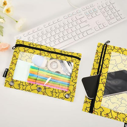 Wamika Yellow Duck Binder Pouches 3 Ring for Boys Girls School Office College Supplies Cute Ducks Animals Pencil Pouches Case Bag with Clear Window and Zipper 2 pack - color: Frog