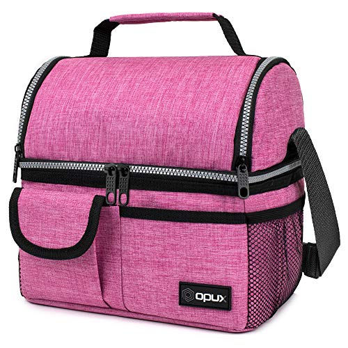 opux Insulated Lunch Bag Women Men, Dual Compartment Leakproof Lunch Box Adults Kids, Double Decker Meal Prep Bento Lunch Cooler Tote with Shoulder Strap for Work Office School Travel, Pink - color: Heather Pink