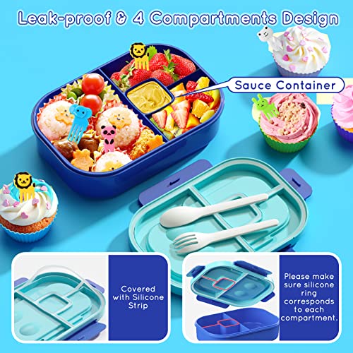 Kids Bento Lunch Box Leakproof Lunch Box with 4 Compartments Lunch Containers with Tableware Kids Bento School Lunch Boxes with Container 44oz, Microwave Dishwasher Freezer Safe (Blue) - color: Blue