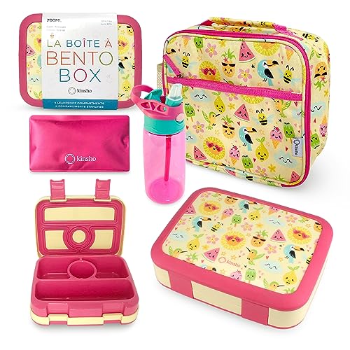Bento Lunch Box with Insulated Bag, Water Bottle Ice Pack Set for Kids Toddlers, 5 Portion Sections, BPA Free Removable Tray, Pre-School Kid Toddler Daycare Lunches, Snack Container, Summer Set - color: Summer Set