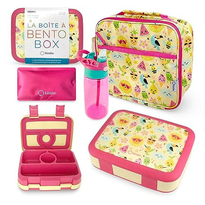 Bento Lunch Box with Insulated Bag, Water Bottle Ice Pack Set for Kids Toddlers, 5 Portion Sections, BPA Free Removable Tray, Pre-School Kid Toddler Daycare Lunches, Snack Container, Summer Set - color: Summer Set