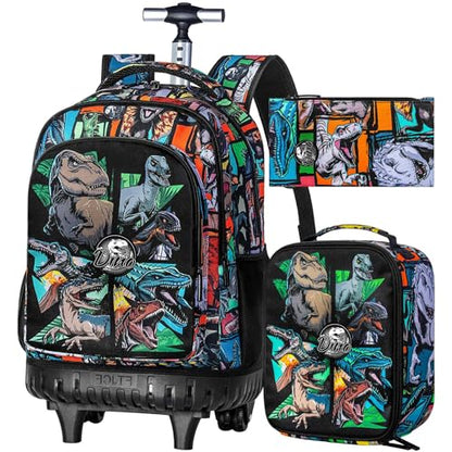 WZLVO 3PCS Rolling School Backpack, Water Resistance Roller Bookbag for Boys, Wheeled Bag Set with Lunch Box & Pencil Bag for Teens & Kids - Dinosaur Gathering