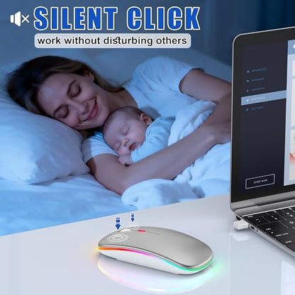 Gizdot-R1 LED Mouse for MacBook Air/iPad/Laptop, Silver | MacBook Air/iPad/Laptop Compatible, Silent Mouse with USB-C, Built-in Mouse Jiggler, 4-Mode - color: Silver