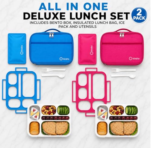 kinsho Lunch Boxes for Kids Boys Girls - Bento Box Set of 2, with Insulated Bag & Ice Pack, 6 Compartment Leak Proof Container, BPA-Free, Microwave Safe, Ideal for School & Work, Blue & Pink - color: Blue + Pink