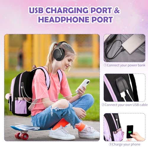 ACESAK Kids School Backpack for Girls, 4-In-1 Bookbag Backpack Set with 14OZ Insulated Kids Water Bottle, Lunch Bag Set for Girls Kid Teens Middle School Student, Girl Backpack for Schools - color: Black-purple