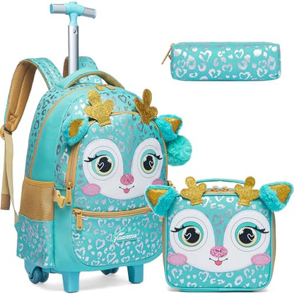 Meetbelify Girls Rolling Backpack with Wheels for Elementary Preschool Students Kids 3 in 1 Travel Luggage Carry on Suitcase with Lunch Box Pencil Case for Girls Age 8-10 - color: Deer