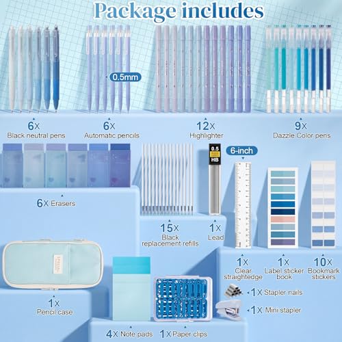 Eersida 74 Pcs Aesthetic School Supplies with Large Pencil Pouch 5 Ink Gel Pens 12 Highlighters 6 Mechanical Pencils 0.5mm 9 Color Pens 4 Note Pads Set for Student Stationary (Blue,Cute Style) - color: Blue, style: Cute Style